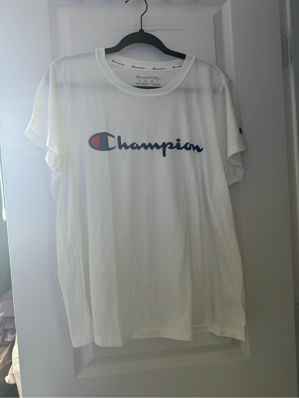Champion White Tee with Navy Script and Red Accent